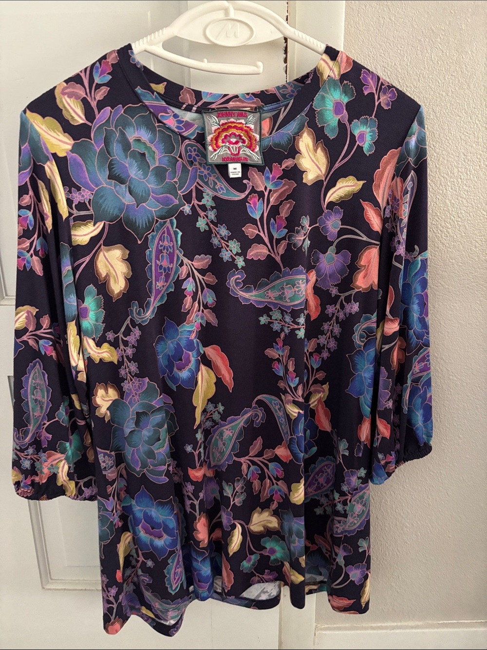 Johnny Was Black Floral Scoop Neck Tunic with Multicolor Blooms